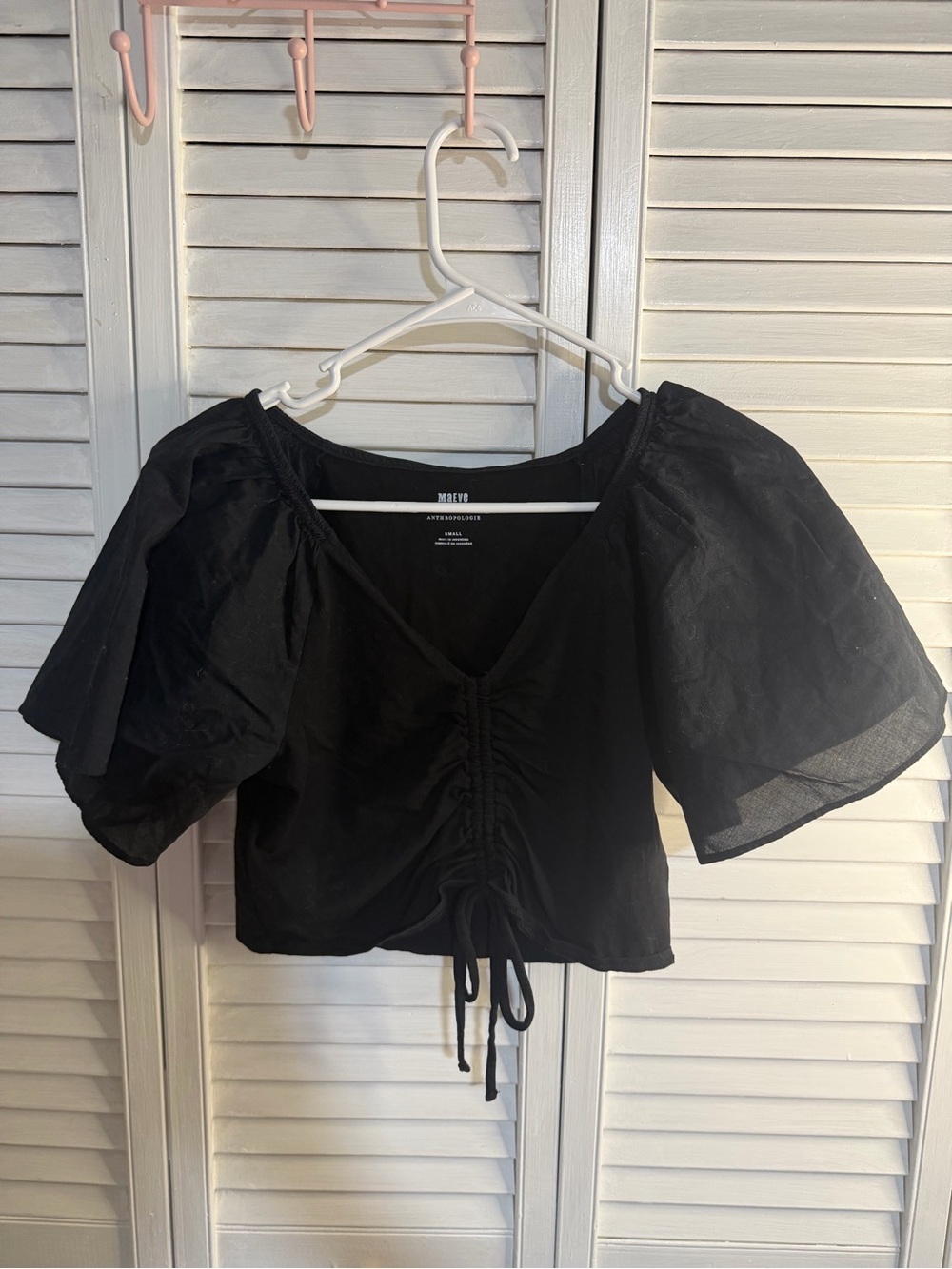 Maeve Black Ruched Drawstring Puff-Sleeve Crop Top